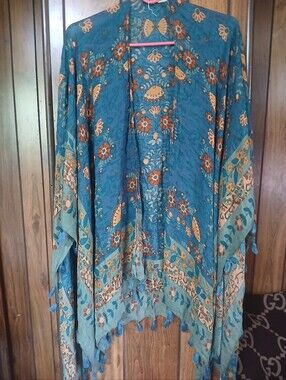Natural Life Bohemian Floral Teal Fringe Kimono Jacket